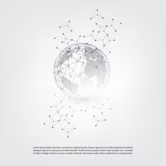 Fototapeta na wymiar Black and White Modern Style Cloud Computing and Telecommunications Concept Design with Network Connections, Transparent Geometric Wireframe and Earth Globe - Vector Illustration