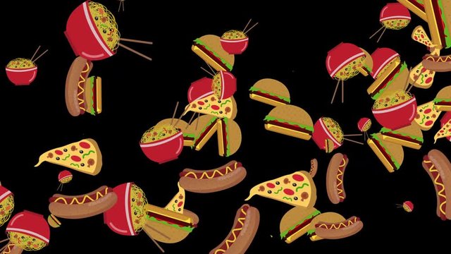 different fast food flying on black background seamless loop. fast food concept. food and drinks background. cartoon burgers, pizza, hotdog and noodles animation isolated on black background.
