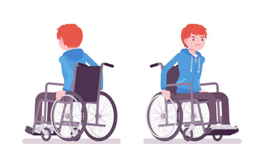 Male young wheelchair user moving manual chair