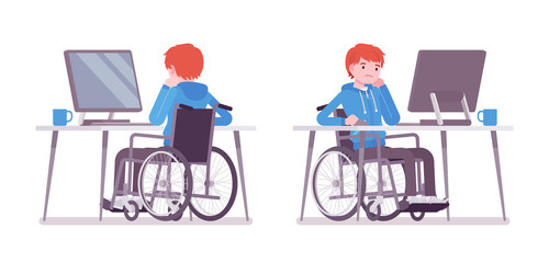 Male young wheelchair user working with computer