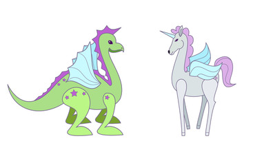 Fantasy creatures. Dragon with unicorn. 
