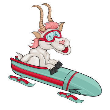 Goat with bobsleigh . Cartoon style. Clip art for children.