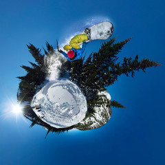 Snowboarder freerider jumping from snow ramp. Spherical 360 panorama little planet © Baikal360