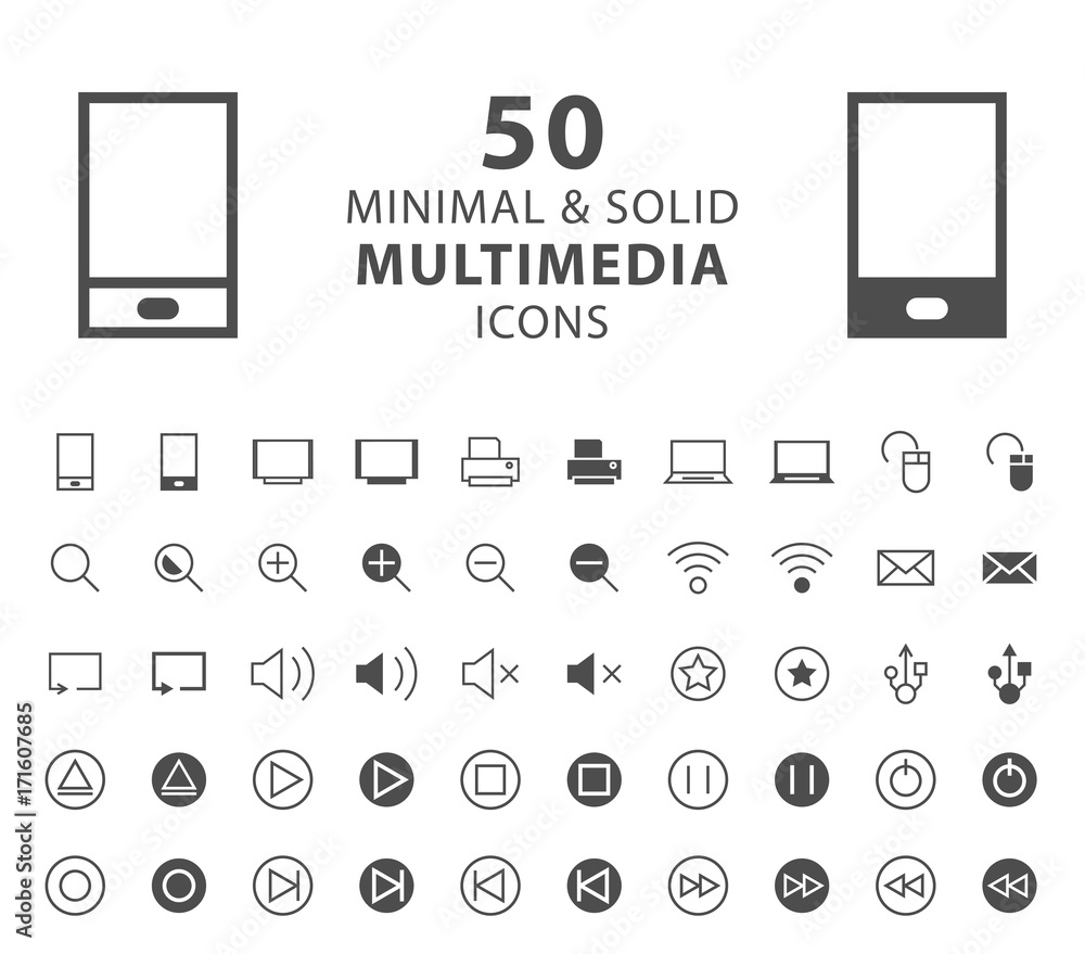 Poster set of 50 minimal and solid multimedia icons on white background . vector isolated elements