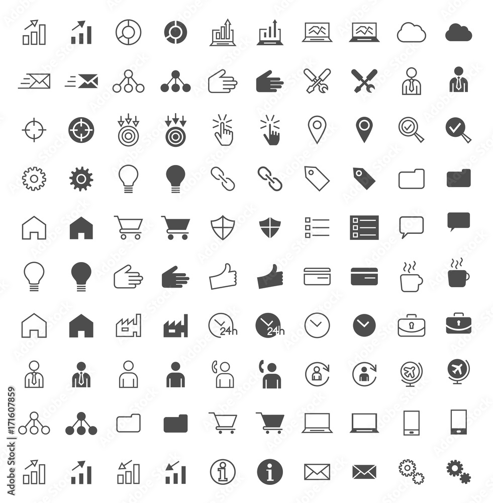 Poster set of 100 business and seo minimal and solid icons on white background . vector isolated elements