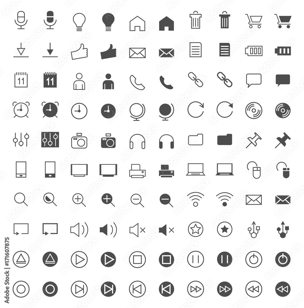 Poster Set of 100 Multimedia Minimal and Solid Icons on White Background . Vector Isolated Elements