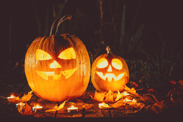 Fototapeta premium Halloween pumpkins head jack lantern with candles around on the old boards in a spooky night landscape. Soft focus. shallow DOF