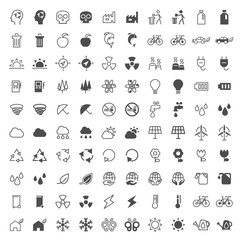 Set of 100 Ecology Minimal and Solid Icons on White Background . Vector Isolated Elements