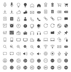 Set of 100 Multimedia Minimal and Solid Icons on White Background . Vector Isolated Elements