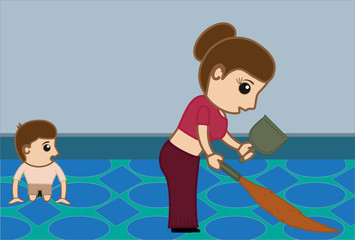 Mother Cleaning Home with Broom and Baby Playing