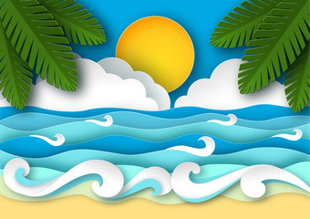 Fototapeta na wymiar Sea waves and tropical beach in paper art style. Travel concept vector illustration