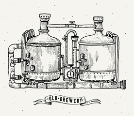 Retro brewery engraving. Copper tanks and barrels in brewery beer. Local brewery. Vintage vector engraving illustration for web, poster, label, invitation to oktoberfest festival, party.