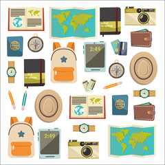 Flat vector web banners set on the theme of travel , vacation, adventure. Time for journey. Top view. Outfit of modern traveler. Vector objects isolated on background.