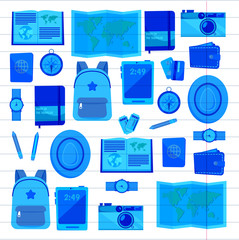 Flat vector web banners set on the theme of travel , vacation, adventure. Time for journey. Top view. Outfit of modern traveler. Vector objects isolated on background.