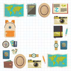 Flat vector web banners set on the theme of travel , vacation, adventure. Time for journey. Top view. Outfit of modern traveler. Vector objects isolated on background.