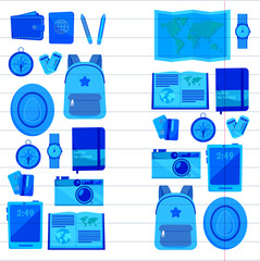 Flat vector web banners set on the theme of travel , vacation, adventure. Time for journey. Top view. Outfit of modern traveler. Vector objects isolated on background.