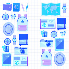 Flat vector web banners set on the theme of travel , vacation, adventure. Time for journey. Top view. Outfit of modern traveler. Vector objects isolated on background.