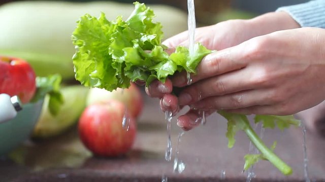 Happy Family in the Kitchen. Young Woman Washing Vegetables to Prepare Healthy Dinner. Vegan Salad. Diet.