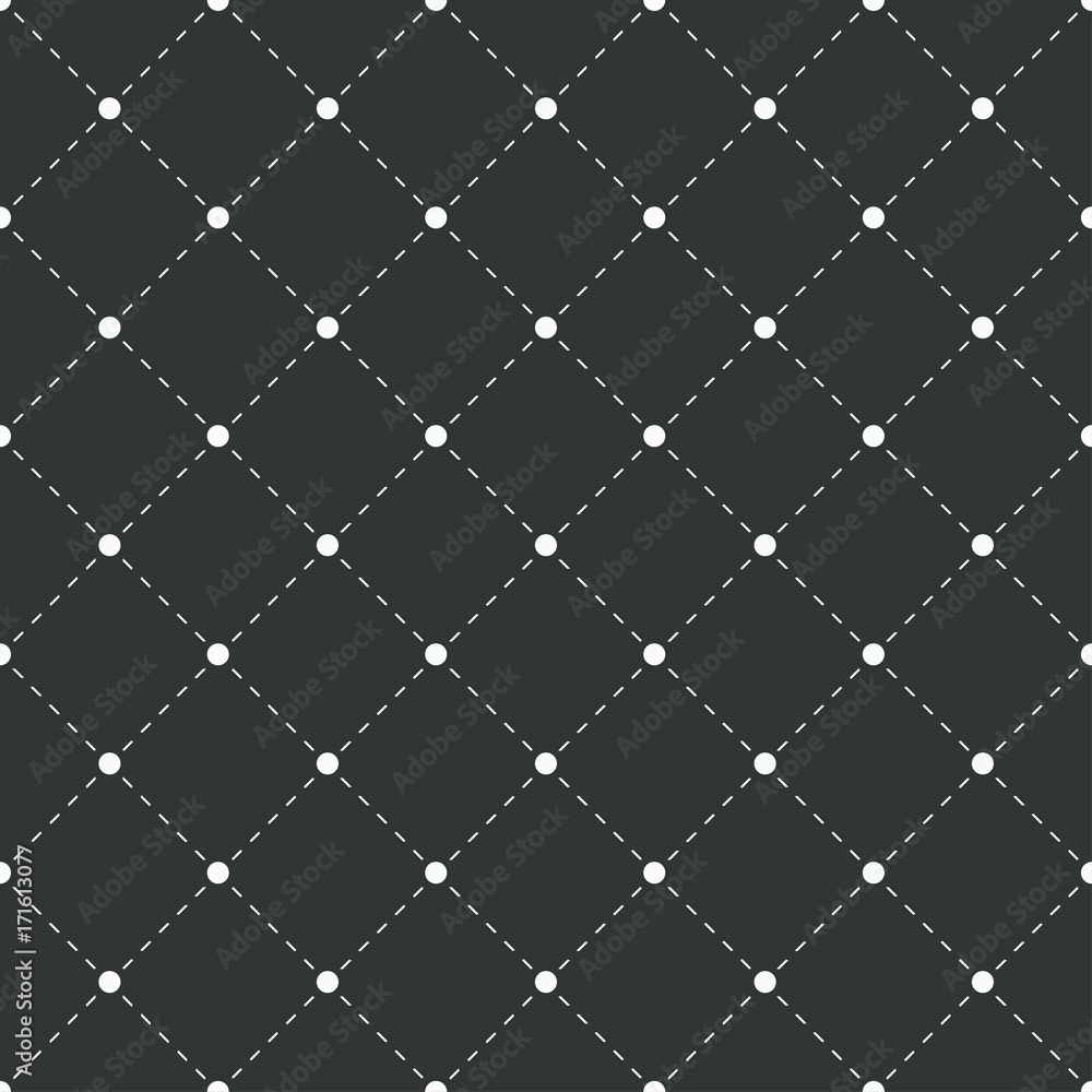 Poster Geometric seamless pattern. White dots with dashed lines on black background. Polka dotted texture with rhombus. Sample for textile products. Vector illustration.