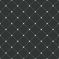 Geometric seamless pattern. White dots with dashed lines on black background. Polka dotted texture with rhombus. Sample for textile products. Vector illustration.