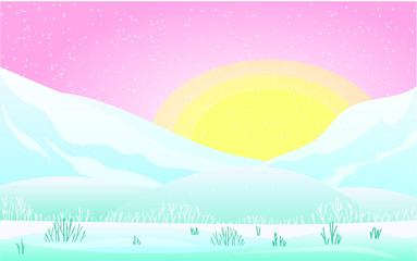 simple winter landscape. soft pink sunrise. vector illustration, flat design
