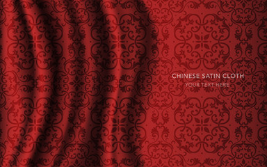 Traditional Red Chinese Silk Satin Fabric Cloth Background spiral curve cross flower leaf vine © Phoebe Yu