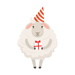 Cute white sheep character wearing party hat holding gift box, funny humanized animal vector Illustration