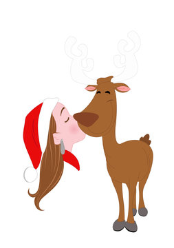 Female Santa Kissing Reindeer