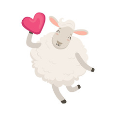 Cute white sheep character having fun with pink heart, funny humanized animal vector Illustration