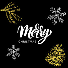 Obraz premium Merry Christmas calligraphy lettering and christmas doodle on black background.
