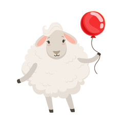 Cute white sheep character standing with red balloon, funny humanized animal vector Illustration