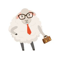 Cute businessman sheep character wearing glasses holding briefcase, funny humanized animal vector Illustration
