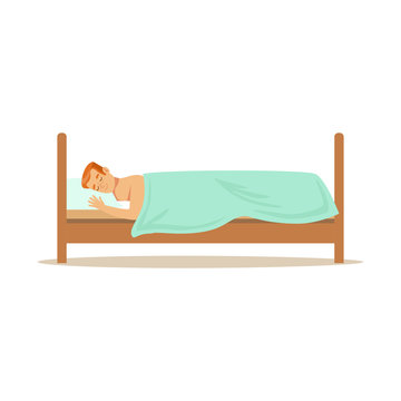 Young Man Sleeping On Stomach In His Bed, Relaxing Person Vector Illustration