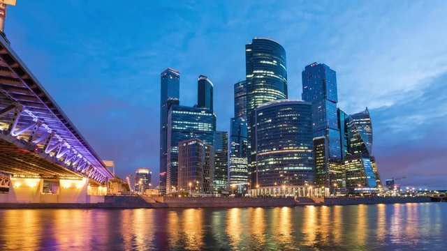 Night to Day rotating time lapse panorama of Moscow City business district

