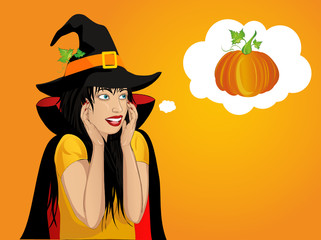 Halloween. Beautiful woman in hat and witch costume is surprised and shows hands wow. 