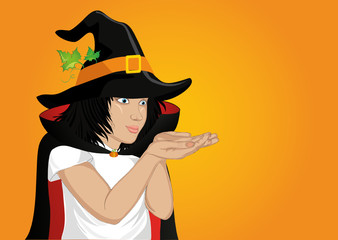 Wow !Halloween. Happy girl in a hat and a witch costume blowing something from her hands. 