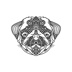 Black and wite pug with ethnic floral ornaments for adult coloring book. Zentagle pattern. Vector doodle illustration. Portrait of a cute pet.