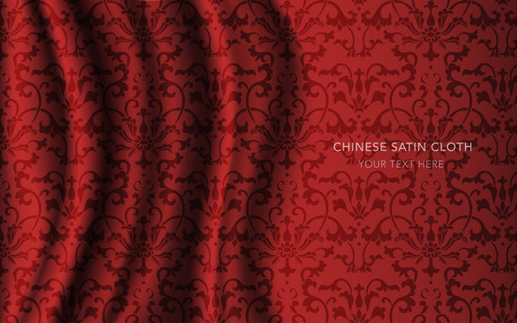 Traditional Red Chinese Silk Satin Fabric Cloth Background botanic garden spiral vine flower leaf