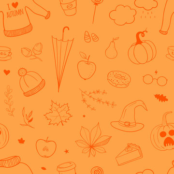 bright orange pattern with autumn doodles