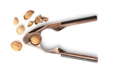 Nutcracker tool with apricot kernels on white background