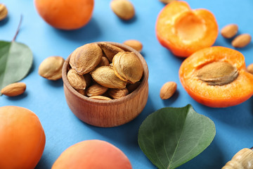 Bowl with kernels and apricots on color background