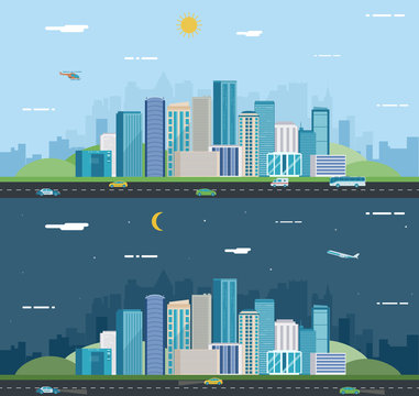 Day and night urban landscape. Modern city. Building architecture, cityscape town. Vector 