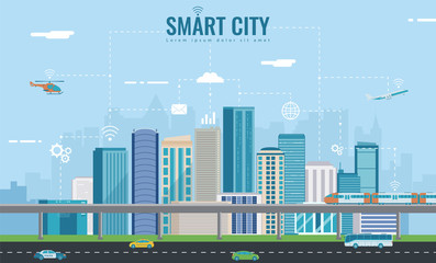 Smart city. Urban landscape with infographic elements. Modern city. Concept website tamplate. Vector 