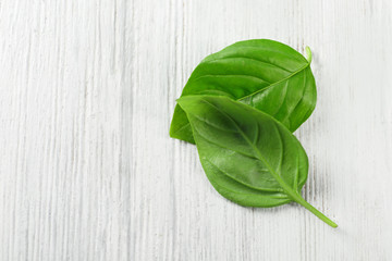 Two leaves of green fresh organic basil on wooden background