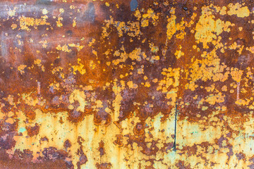 Texture rusty metal wall with peeling paint.