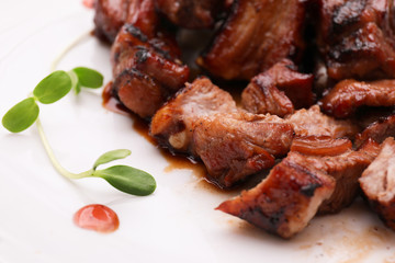 Delicious ribs on plate, closeup