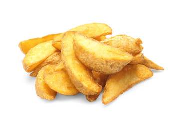 Delicious baked potato wedges on white background