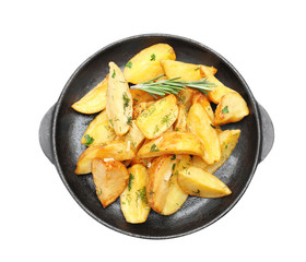 Frying pan with delicious baked potato wedges on white background