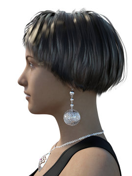 Spherical earring against dark neck of a woman, profile view, with glittering chain links of a necklace. 3d render isolated on white.