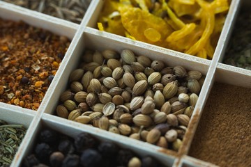 Various spices arranged in tray